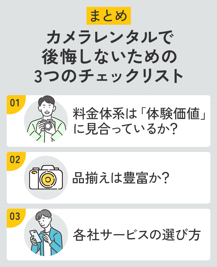 まとめ カメラレンタルで後悔しないための3つのチェックリスト